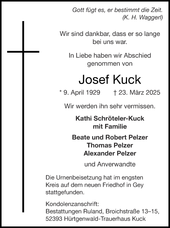 Traueranzeige von Josef Kuck von Zeitung am Sonntag