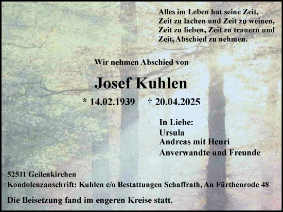 Traueranzeige von Josef Kuhlen von Zeitung am Sonntag
