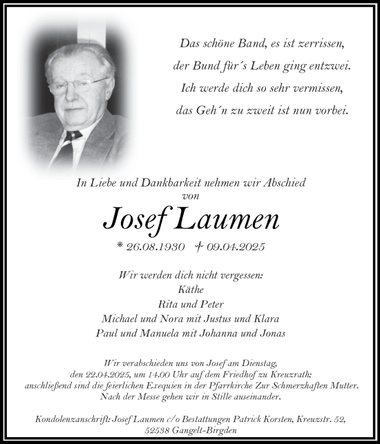 Traueranzeige von Josef Laumen von Zeitung am Sonntag