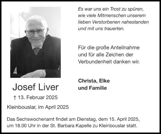 Traueranzeige von Josef Liver von Zeitung am Sonntag