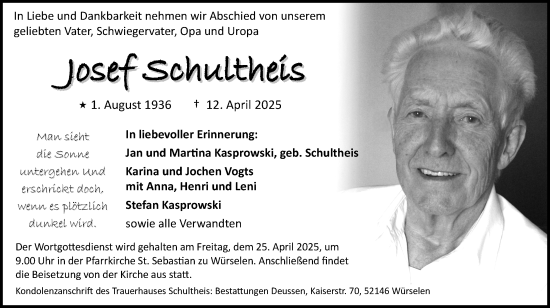 Traueranzeige von Josef Schultheis von Zeitung am Sonntag