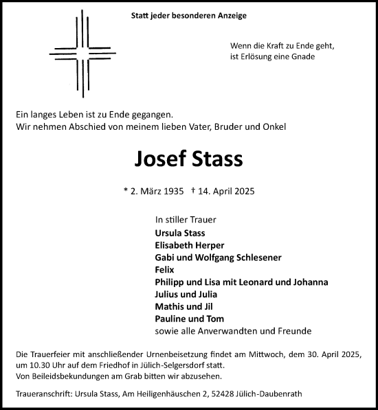 Traueranzeige von Josef Stass von Zeitung am Sonntag