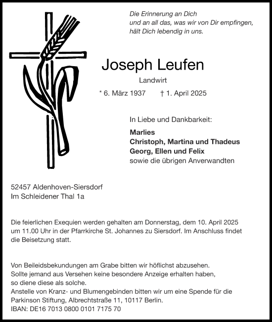 Traueranzeige von Joseph Leufen von Zeitung am Sonntag