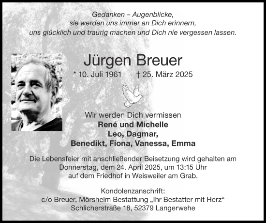 Traueranzeige von Jürgen Breuer von Zeitung am Sonntag