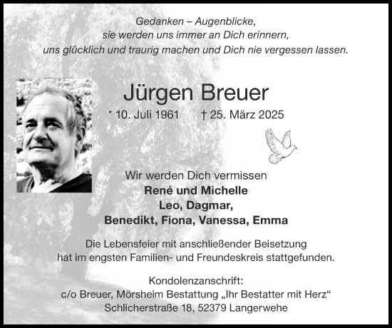 Traueranzeige von Jürgen Breuer von Zeitung am Sonntag