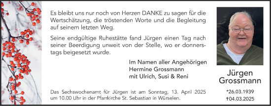 Traueranzeige von Jürgen Grossmann von Zeitung am Sonntag
