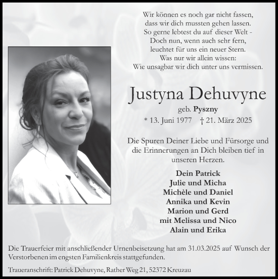 Traueranzeige von Justyna Dehuvyne von Zeitung am Sonntag
