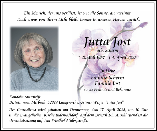 Traueranzeige von Jutta Jost von Zeitung am Sonntag