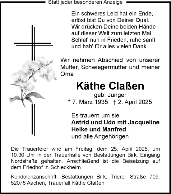 Traueranzeige von Käthe Claßen von Zeitung am Sonntag