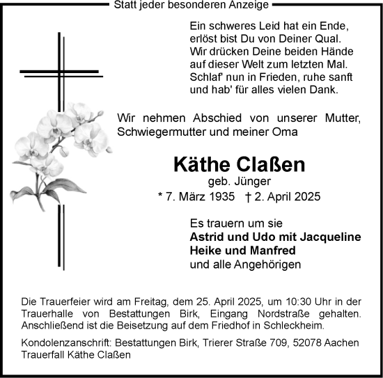 Traueranzeige von Käthe Claßen von Aachener Zeitung