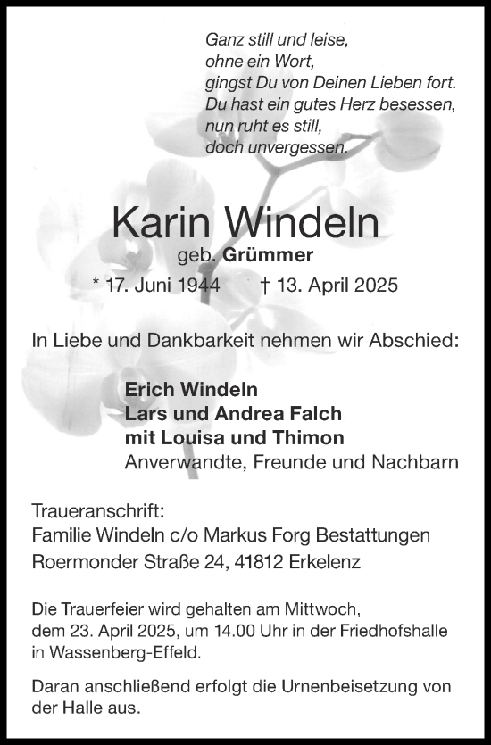 Traueranzeige von Karin Windeln von Zeitung am Sonntag
