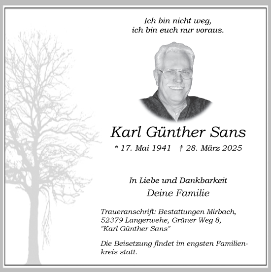 Traueranzeige von Karl Günther Sans von Zeitung am Sonntag