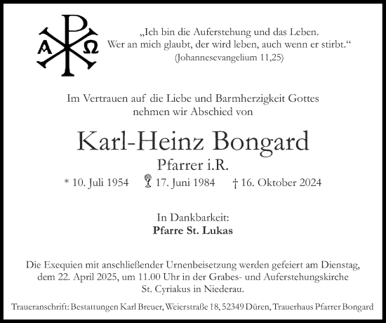 Traueranzeige von Karl-Heinz Bongard von Zeitung am Sonntag