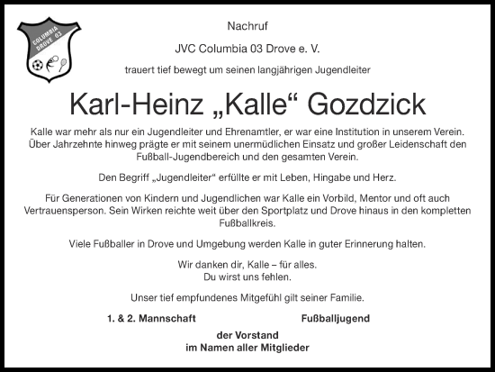 Traueranzeige von Karl-Heinz Gozdzick von Zeitung am Sonntag