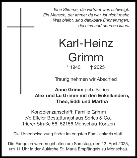 Traueranzeige von Karl-Heinz Grimm von Aachener Zeitung