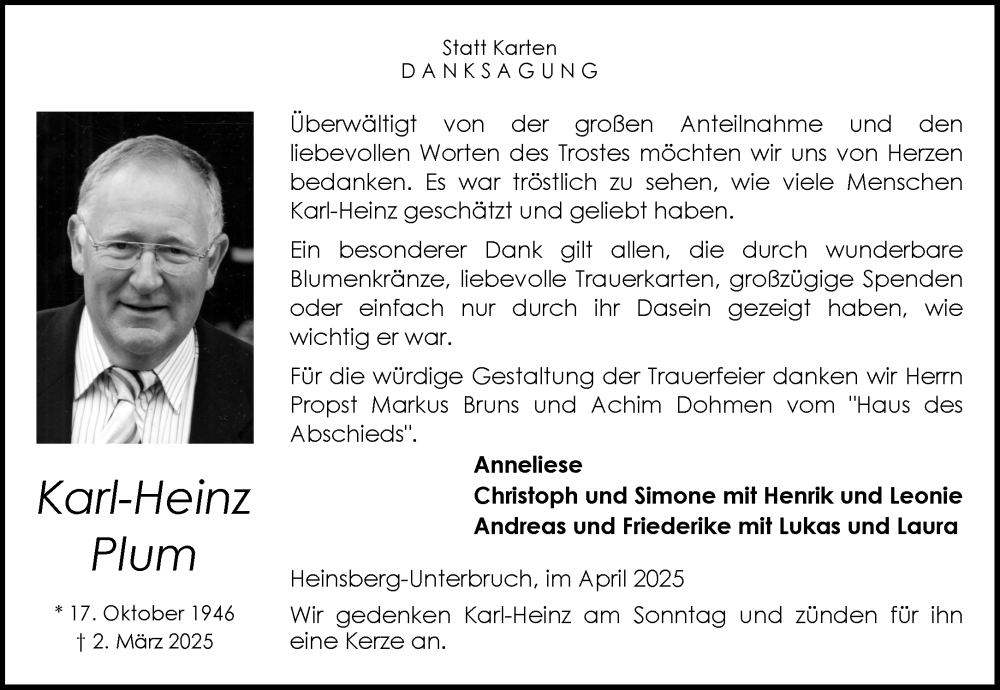  Traueranzeige für Karl-Heinz Plum vom 26.04.2025 aus Aachener Zeitung