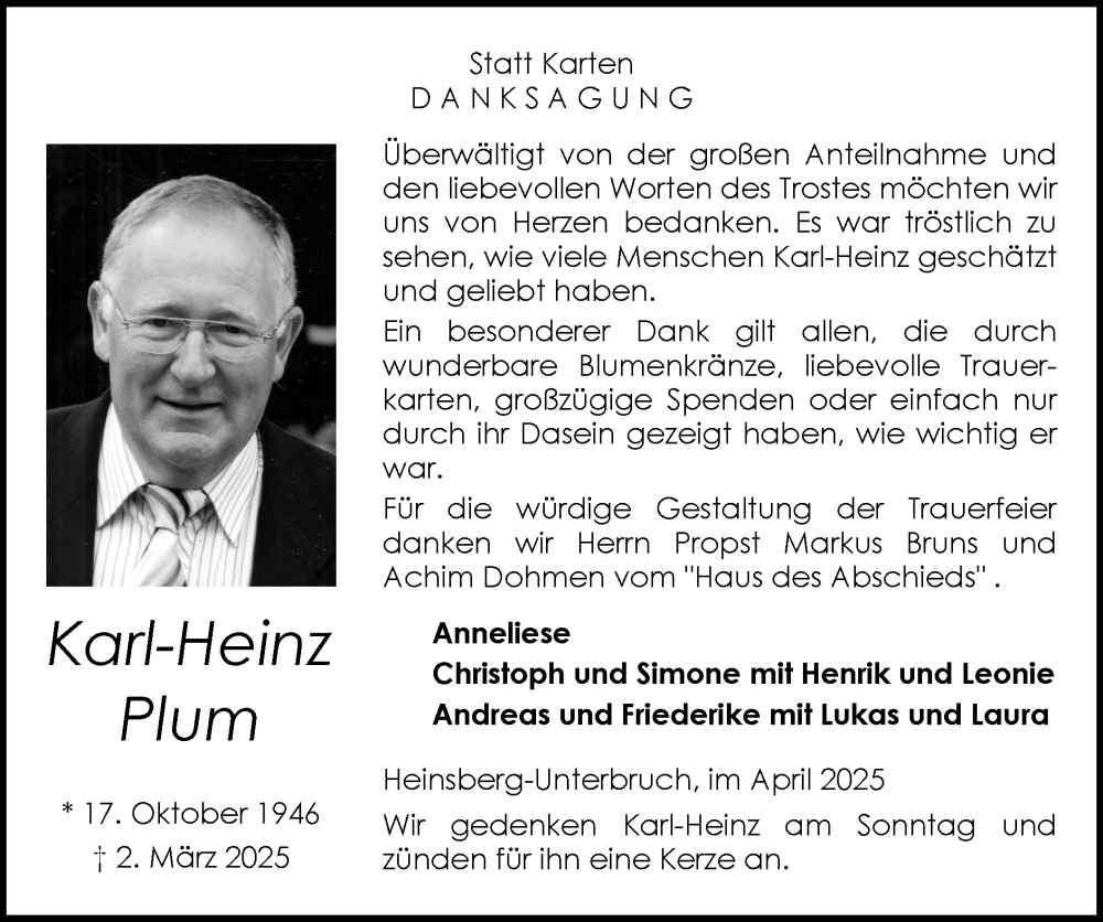  Traueranzeige für Karl-Heinz Plum vom 27.04.2025 aus Zeitung am Sonntag
