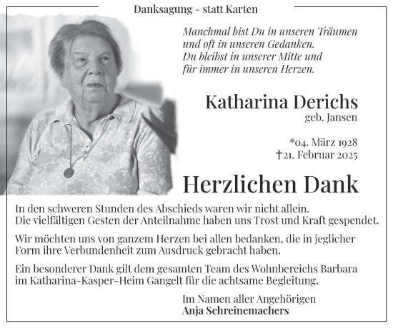 Traueranzeige von Katharina Derichs von Zeitung am Sonntag