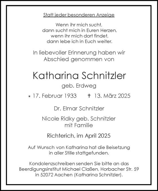 Traueranzeige von Katharina Schnitzler von Aachener Zeitung