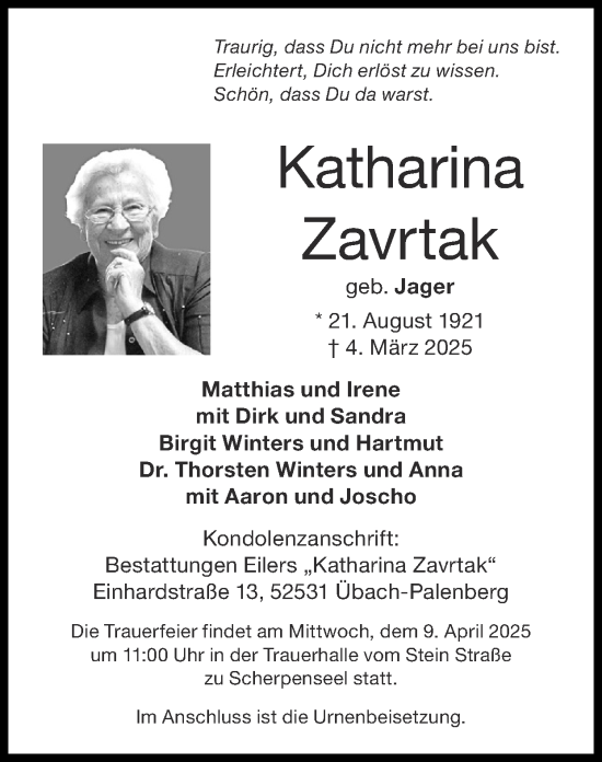 Traueranzeige von Katharina Zavrtak von Zeitung am Sonntag