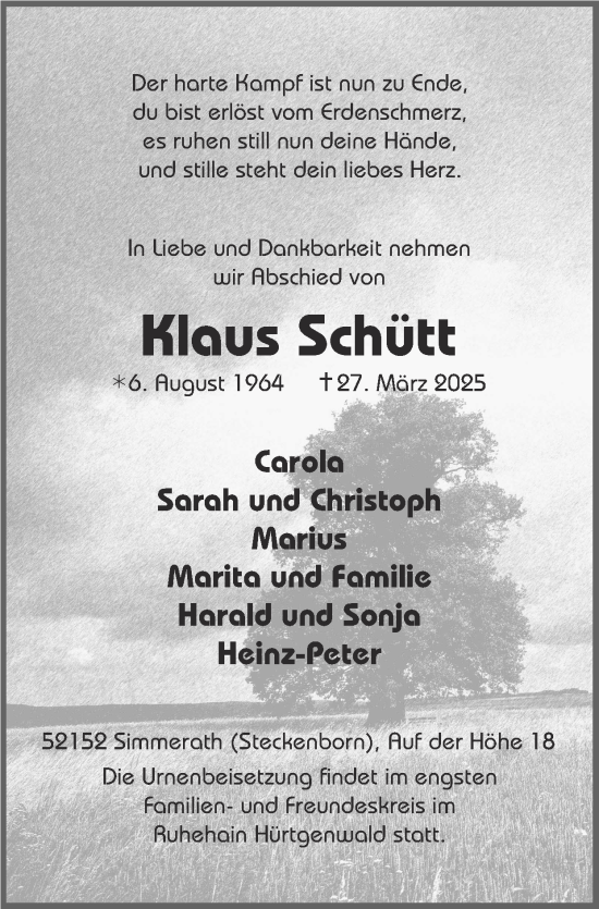 Traueranzeige von Klaus Schütt von Zeitung am Sonntag