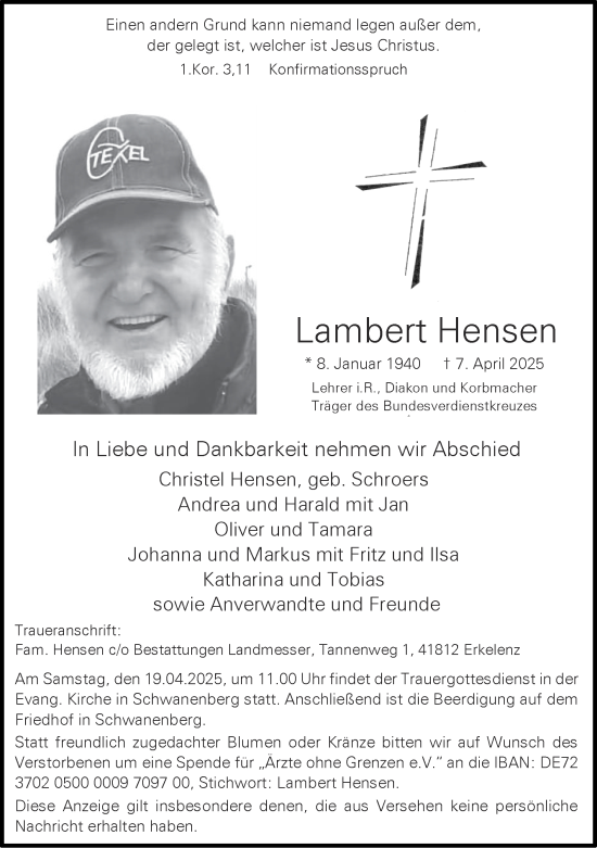 Traueranzeige von Lambert Hensen von Zeitung am Sonntag