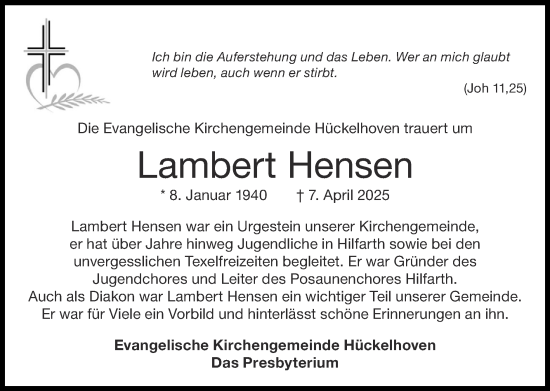 Traueranzeige von Lambert Hensen von Zeitung am Sonntag
