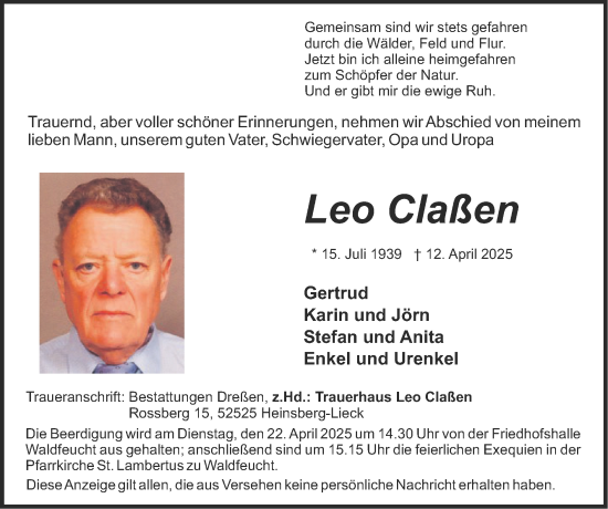 Traueranzeige von Leo Claßen von Zeitung am Sonntag