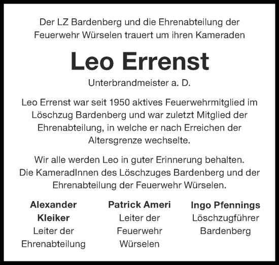 Traueranzeige von Leo Errenst von Zeitung am Sonntag
