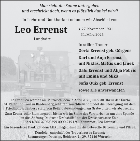 Traueranzeige von Leo Errenst von Zeitung am Sonntag
