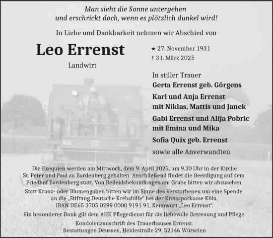 Traueranzeige von Leo Errenst von Aachener Zeitung