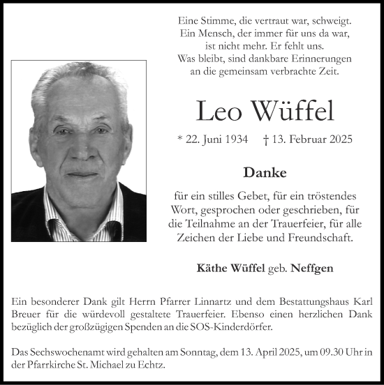 Traueranzeige von Leo Wüffel von Zeitung am Sonntag