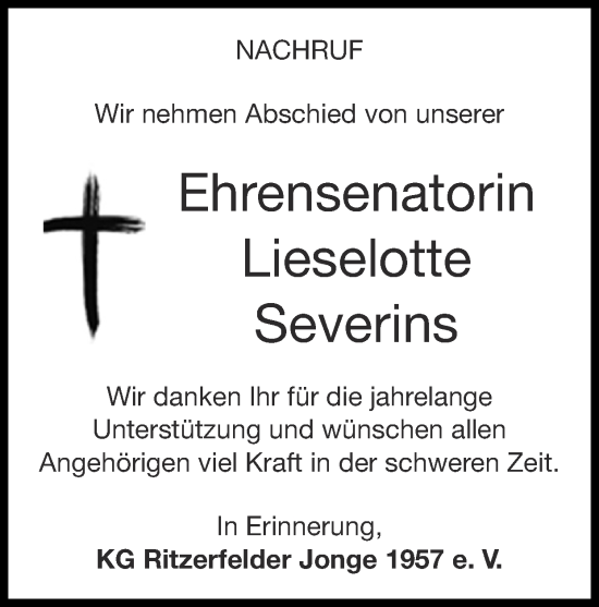 Traueranzeige von Lieselotte Severins von Zeitung am Sonntag