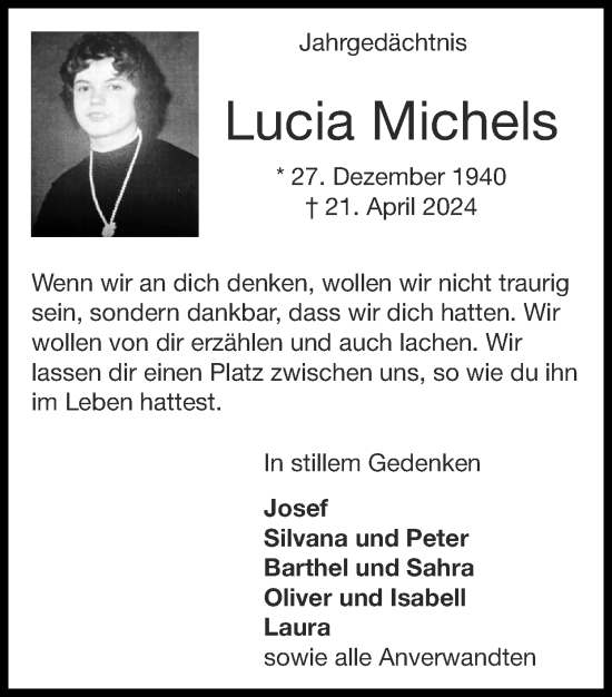 Traueranzeige von Lucia Michels von Zeitung am Sonntag