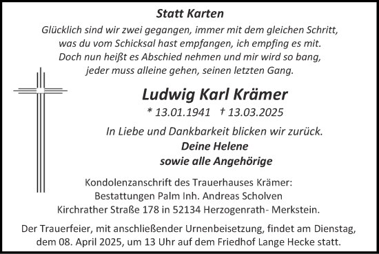 Traueranzeige von Ludwig Karl Krämer von Zeitung am Sonntag