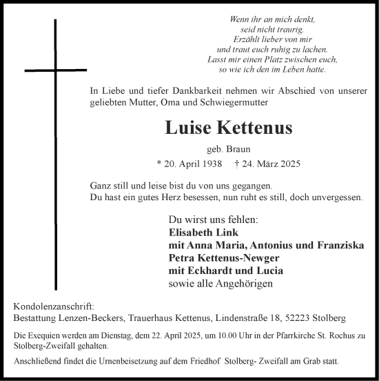 Traueranzeige von Luise Kettenus von Zeitung am Sonntag