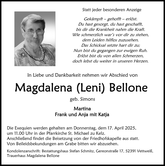 Traueranzeige von Magdalena Bellone von Zeitung am Sonntag