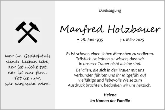 Traueranzeige von Manfred Holzbauer von Zeitung am Sonntag