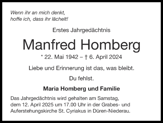 Traueranzeige von Manfred Homberg von Zeitung am Sonntag