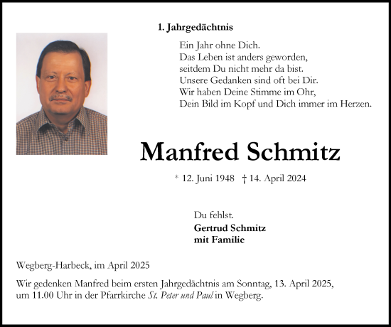 Traueranzeige von Manfred Schmitz von Zeitung am Sonntag