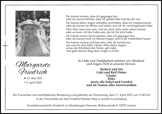 Traueranzeige von Margarete Friedrich von Aachener Zeitung