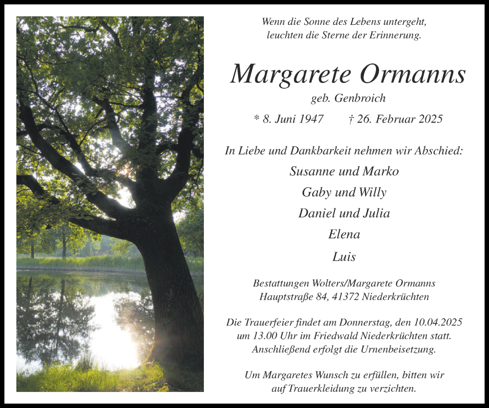  Traueranzeige für Margarete Ormanns vom 06.04.2025 aus Zeitung am Sonntag