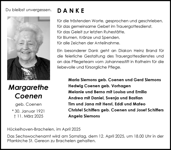 Traueranzeige von Margarethe Coenen von Zeitung am Sonntag