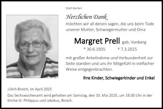 Traueranzeige von Margret Prell von Zeitung am Sonntag