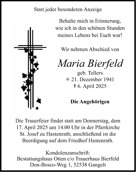 Traueranzeige von Maria Bierfeld von Zeitung am Sonntag