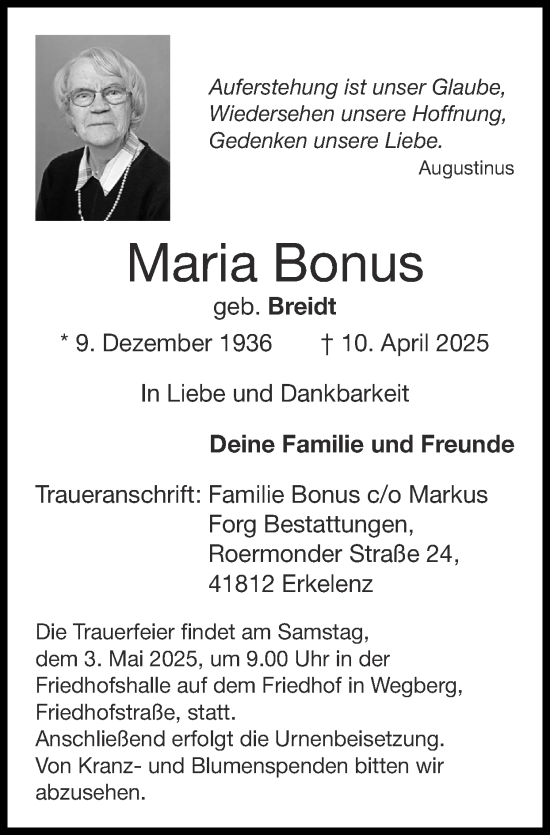 Traueranzeige von Maria Bonus von Zeitung am Sonntag