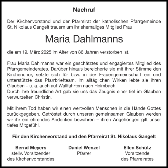 Traueranzeige von Maria Dahlmanns von Zeitung am Sonntag