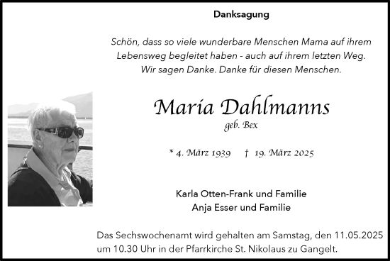 Traueranzeige von Maria Dahlmanns von Zeitung am Sonntag