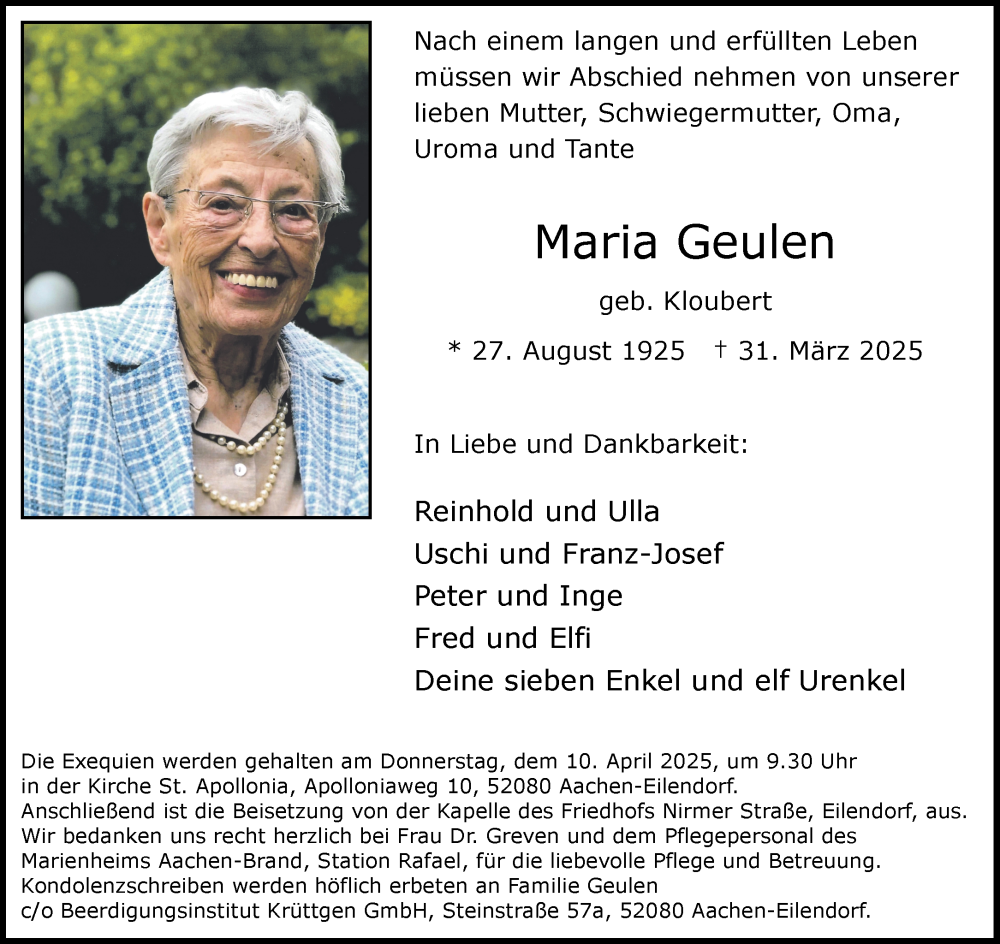  Traueranzeige für Maria Geulen vom 05.04.2025 aus Aachener Zeitung