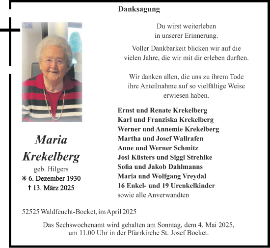 Traueranzeige von Maria Krekelberg von Zeitung am Sonntag